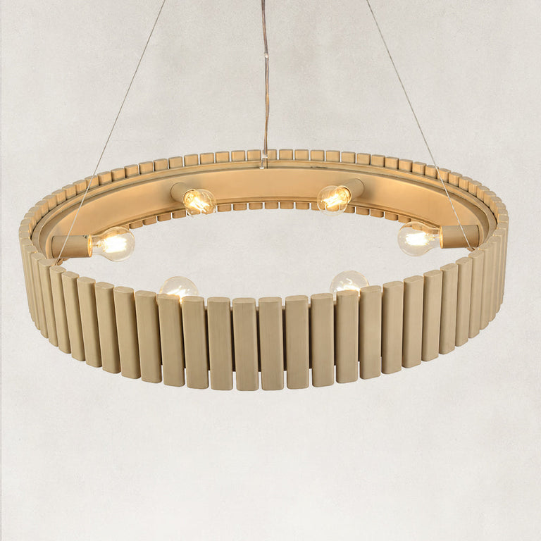 Neutral slatted ring chandelier, 31-inch lit upper-angle fixture.