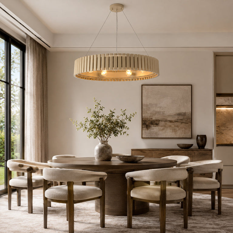 Neutral slatted ring chandelier, 31-inch round table dining room.