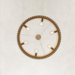 Neutral slatted ring chandelier, 31-inch six-holder underside.