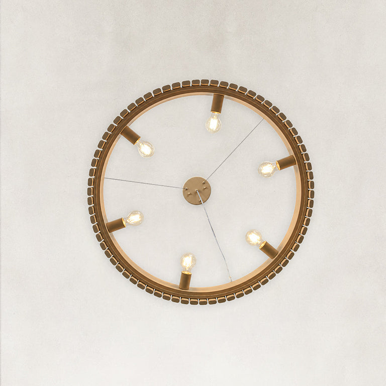 Neutral slatted ring chandelier, 31-inch six-holder underside.