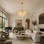 Clear glass chandelier room scene.