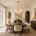 Clear glass chandelier room scene.