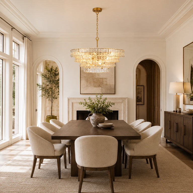 Clear glass chandelier room scene.