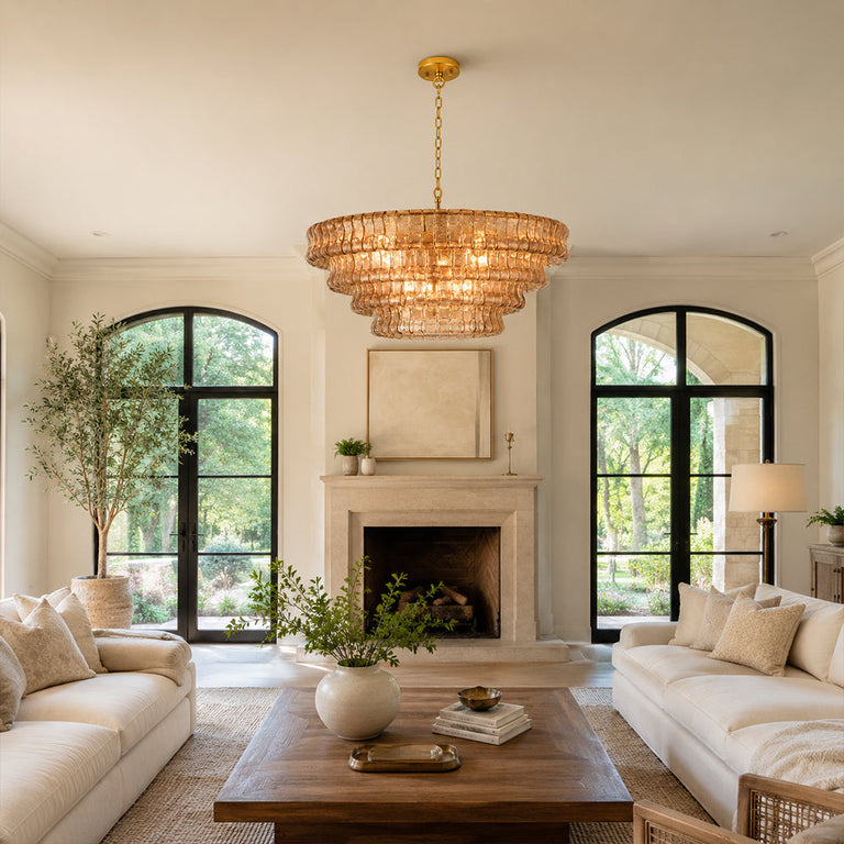 Amber glass chandelier room scene.