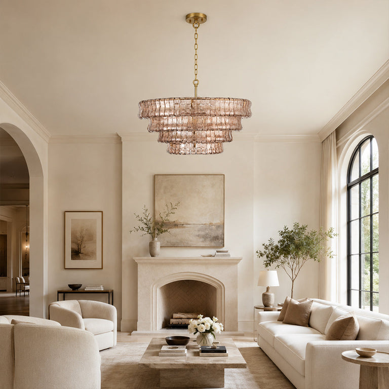 Amber glass chandelier room scene.