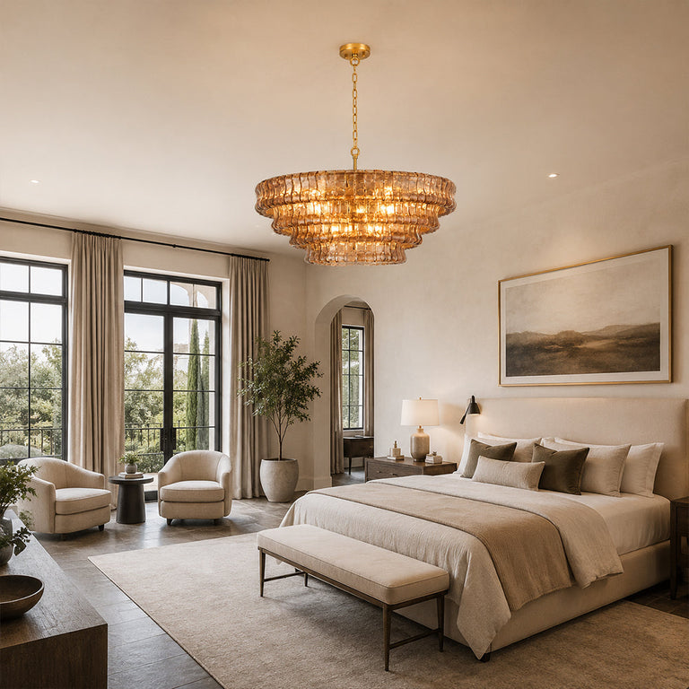 Amber glass chandelier room scene.