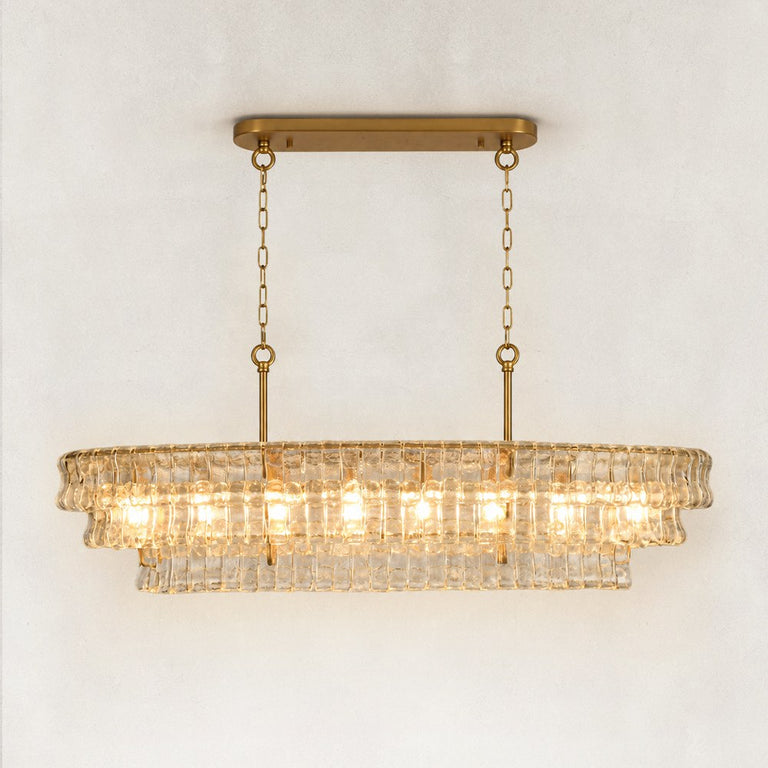 Sculpted Glass Linear Island Chandelier in Clear Glass - complete fixture