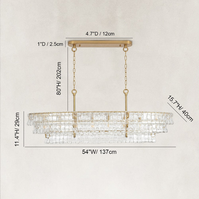 Sculpted Glass Linear Island Chandelier in Clear Glass - dimension diagram