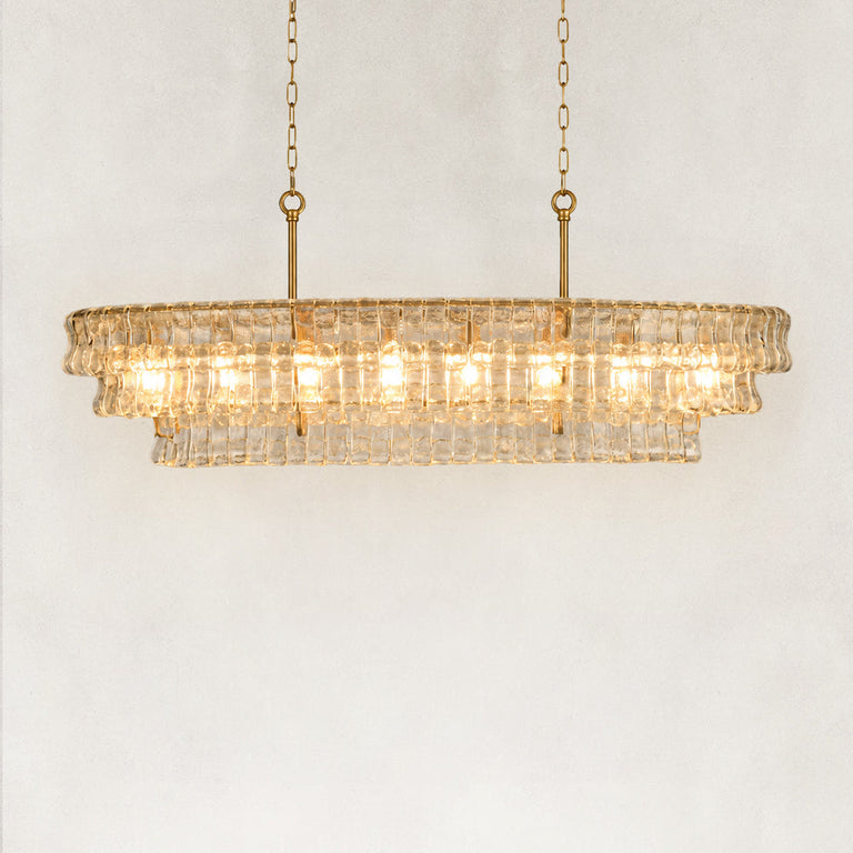 Linear clear glass chandelier detail.