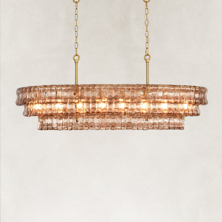Linear amber glass chandelier detail.