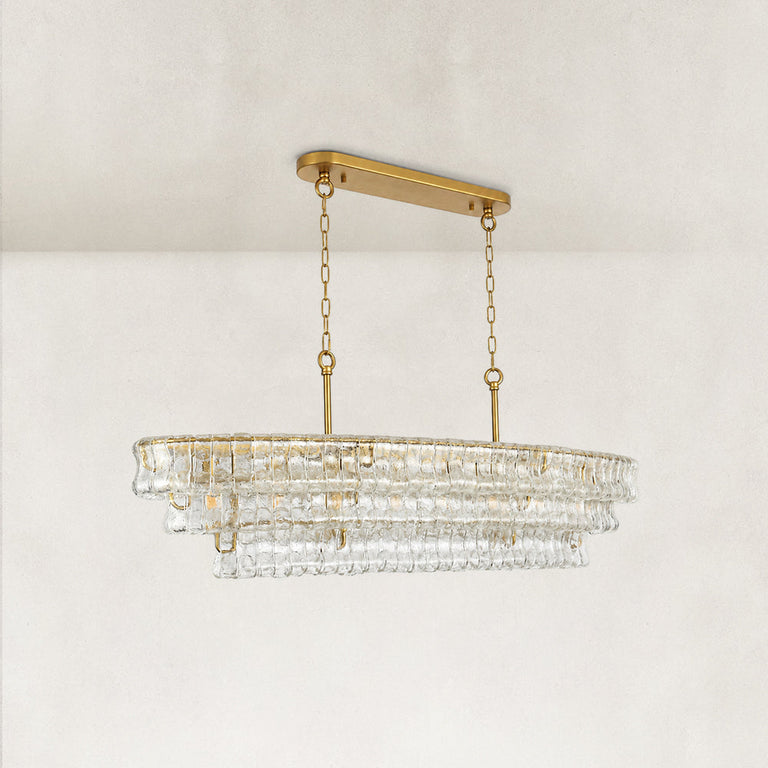 Linear clear glass chandelier detail.
