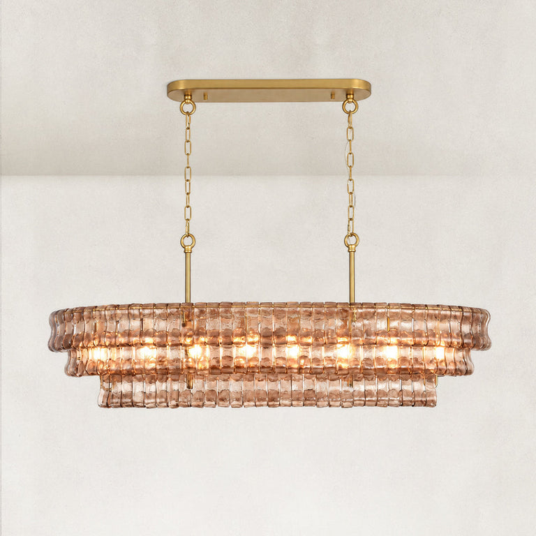 Linear amber glass chandelier detail.