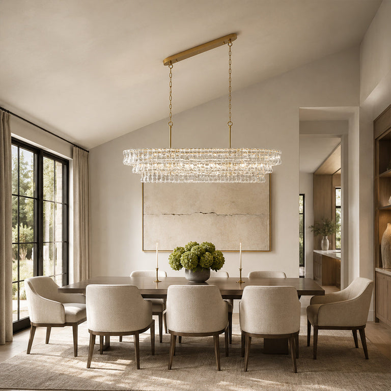 Linear clear glass chandelier room scene.