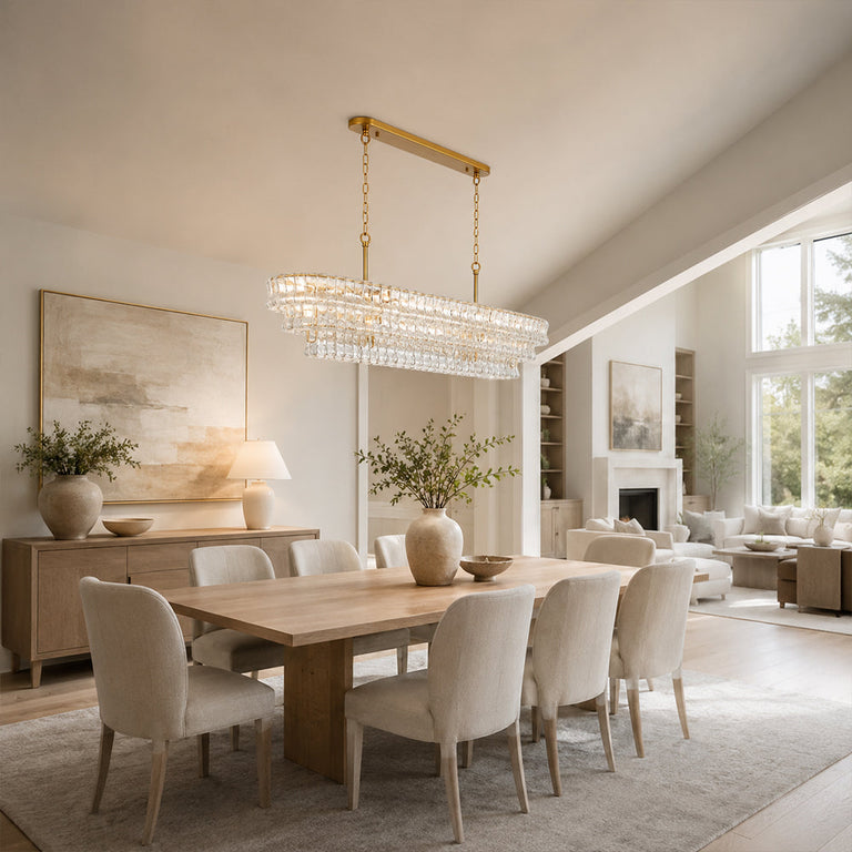 Linear clear glass chandelier room scene.