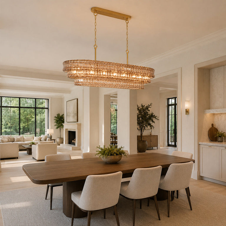 Linear amber glass chandelier room scene.