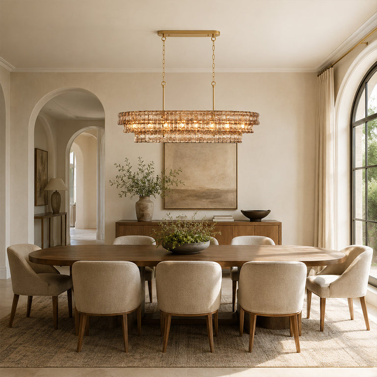 Linear amber glass chandelier room scene.