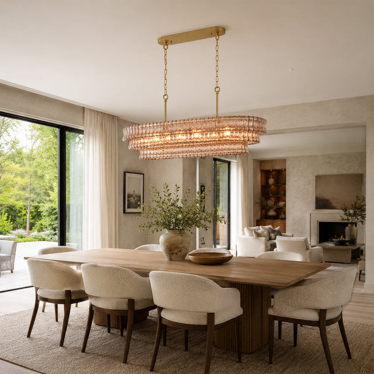 Linear amber glass chandelier room scene.