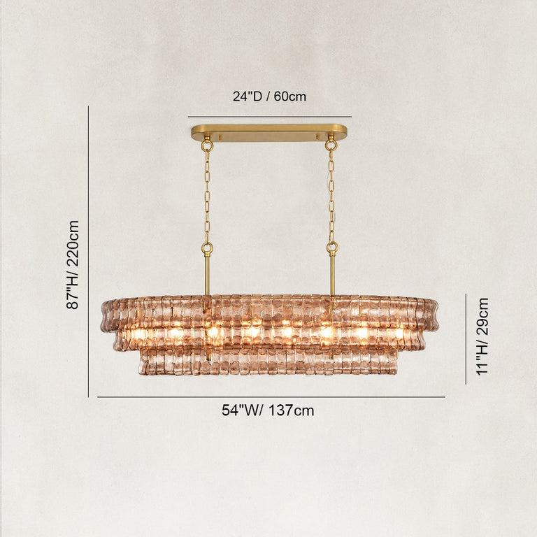 Sculpted Glass Linear Island Chandelier in Smoke Glass - dimension diagram
