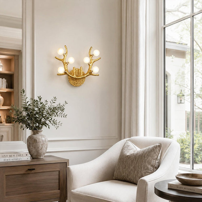 Sculptural Antler Globe Wall Sconce - living room installation, alternate view