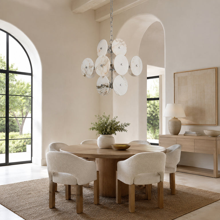 Sculptural Marble Disc Chandelier 16.1" installed above a dining table