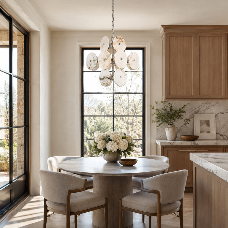 Sculptural Marble Disc Chandelier 16.1" installed above a dining table