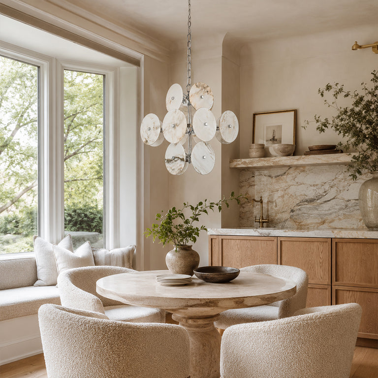 Sculptural Marble Disc Chandelier 16.1" displayed in a furnished interior