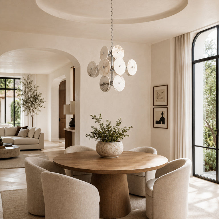 Sculptural Marble Disc Chandelier 16.1" displayed in a furnished living room