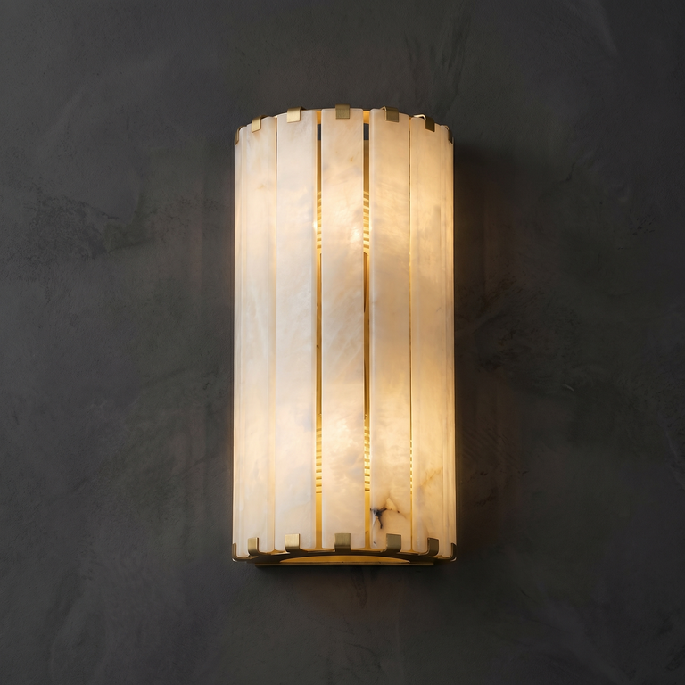 Hollis Modern Alabaster Long Wall Sconce by Dalmivik, complete fixture view