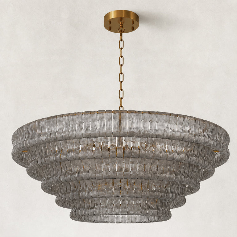 Unlit smoke-glass chandelier with canopy and chain.