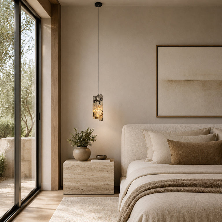 Smoky Four-Panel Marble Pendant installed beside a bed in a furnished bedroom