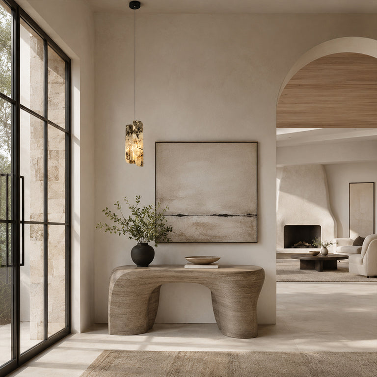 Smoky Four-Panel Marble Pendant displayed in a furnished living room