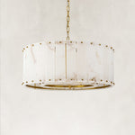 Single-tier panel chandelier, brass-tone complete fixture unlit.