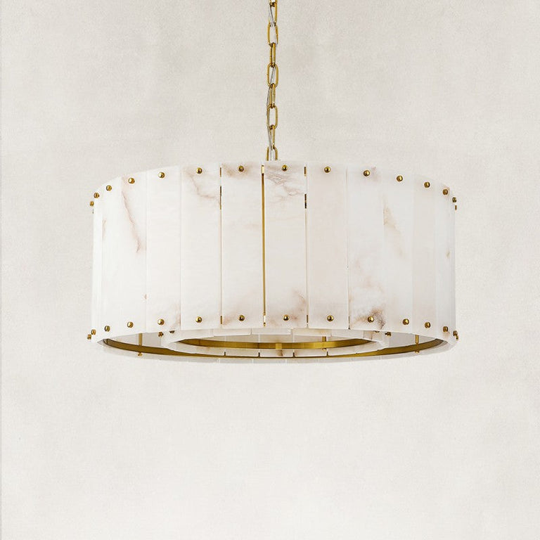 Single-tier panel chandelier, brass-tone complete fixture unlit.