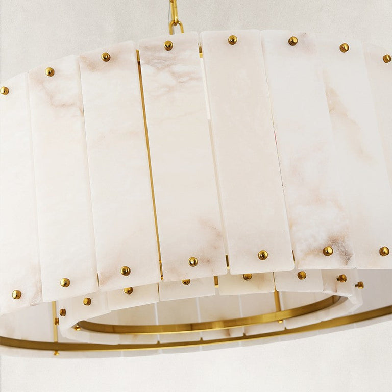 Single-tier panel chandelier, brass-tone rim and panel close view.