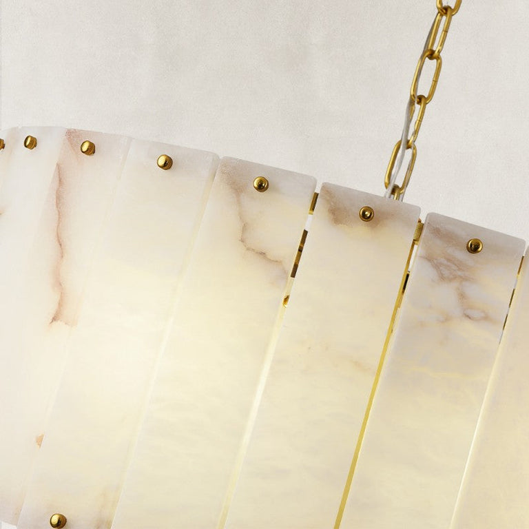 Single-tier panel chandelier, lit panel and chain connection.