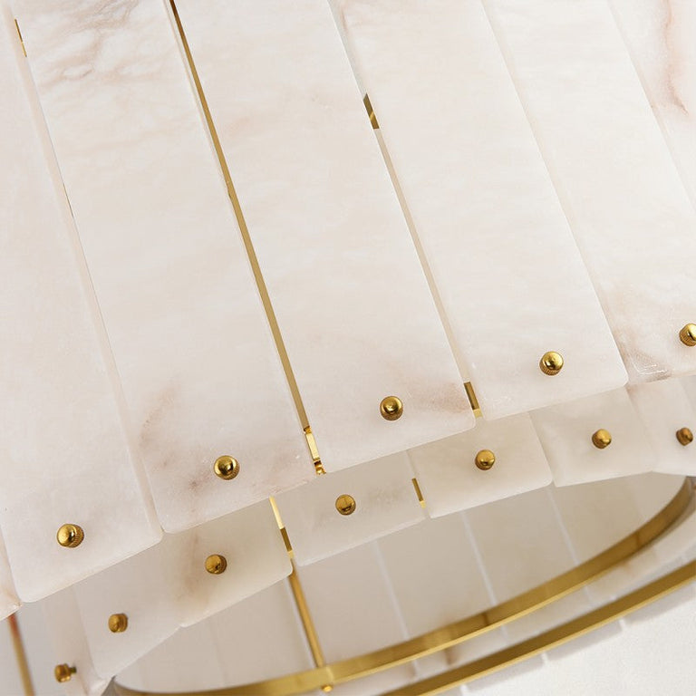 Single-tier panel chandelier, panel and lower brass-tone frame.