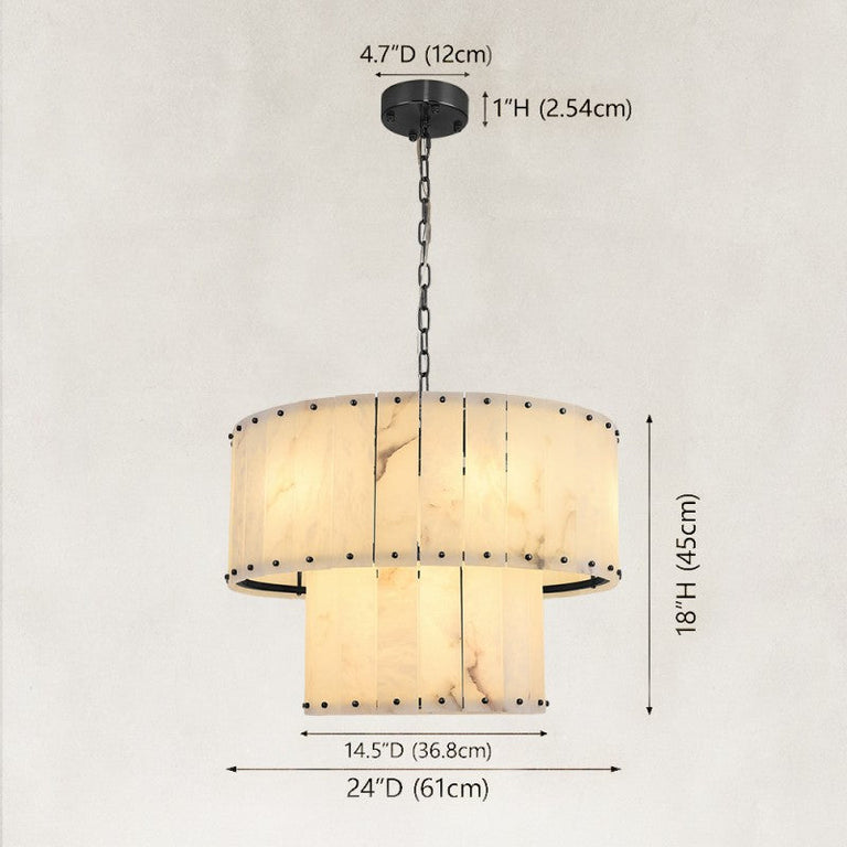 Two-tier panel chandelier, black 24-inch two-tier dimension diagram.