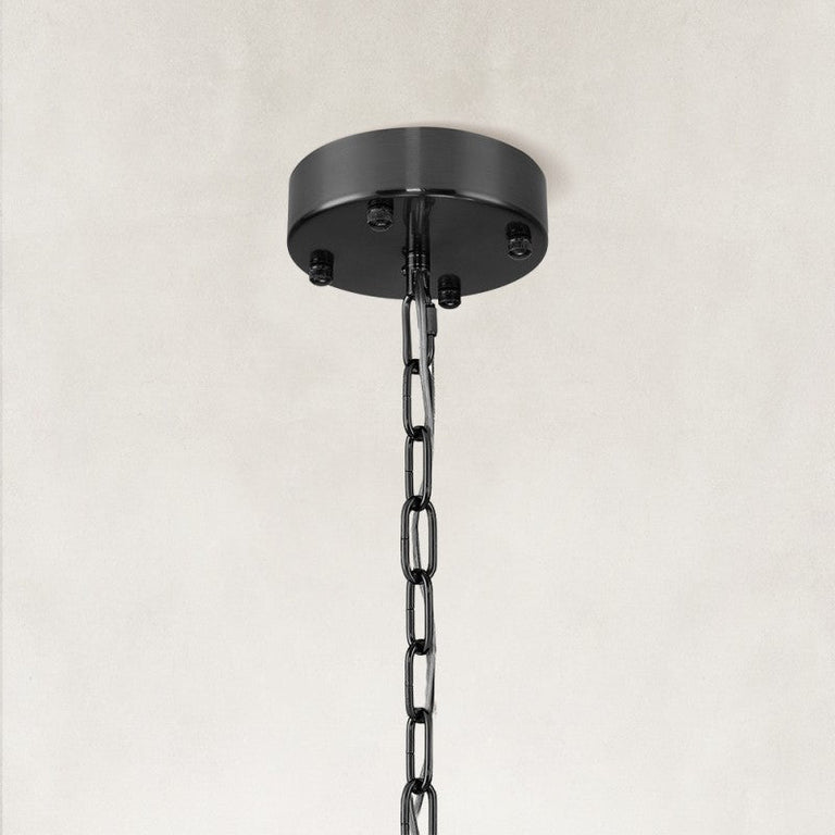 Two-tier panel chandelier, black canopy and chain.