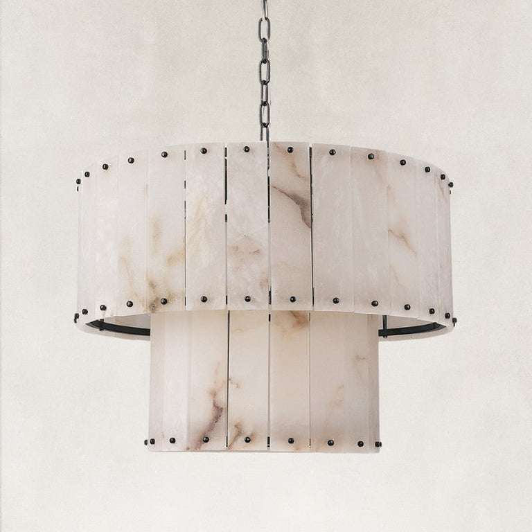Two-tier panel chandelier, black complete fixture unlit.