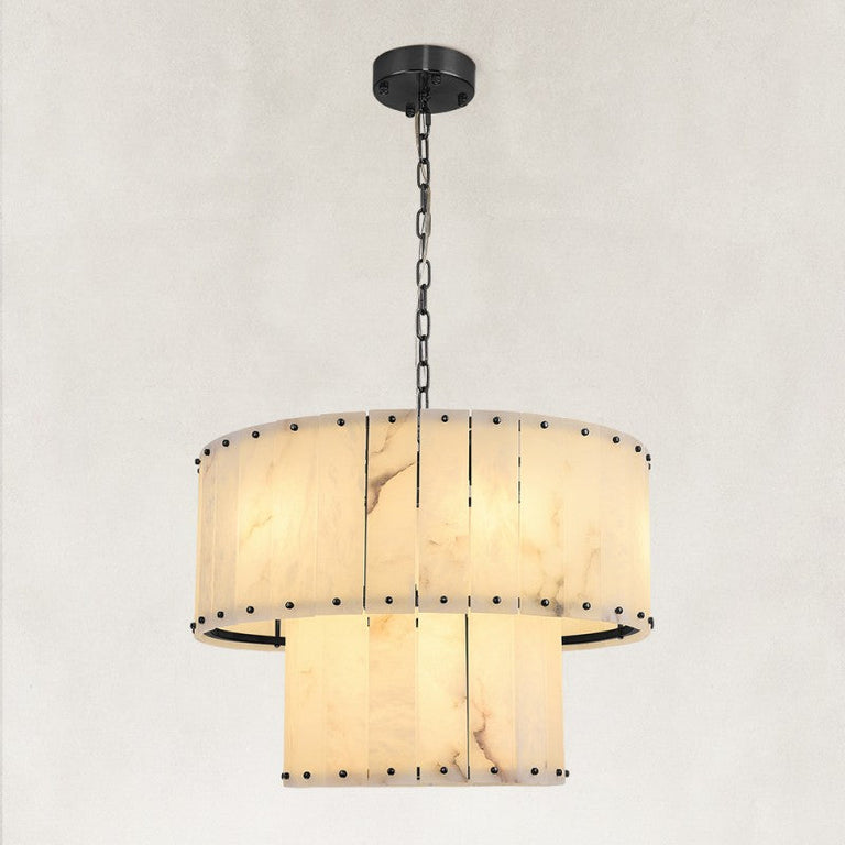 Two-tier panel chandelier, black fixture with full chain.