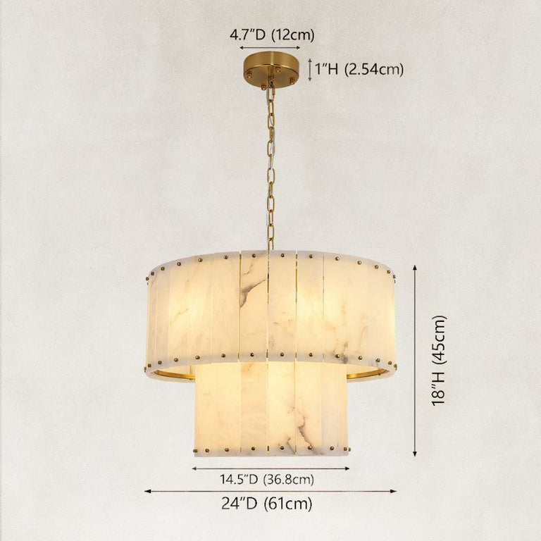 Two-tier panel chandelier, brass-tone 24-inch two-tier dimension diagram.