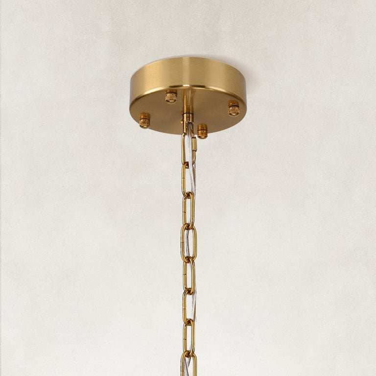 Two-tier panel chandelier, brass-tone canopy and chain.