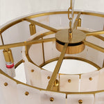 Two-tier panel chandelier, brass-tone upper support frame.