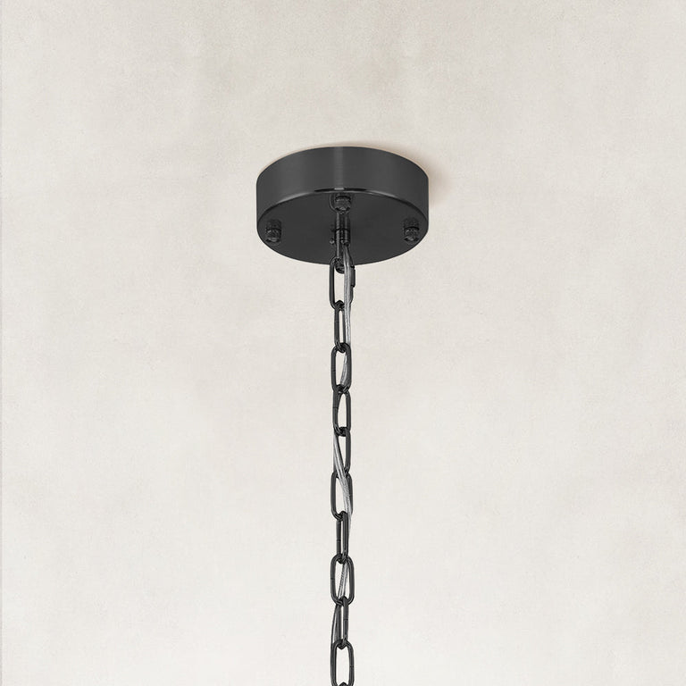 Single-tier panel chandelier, black canopy and chain.