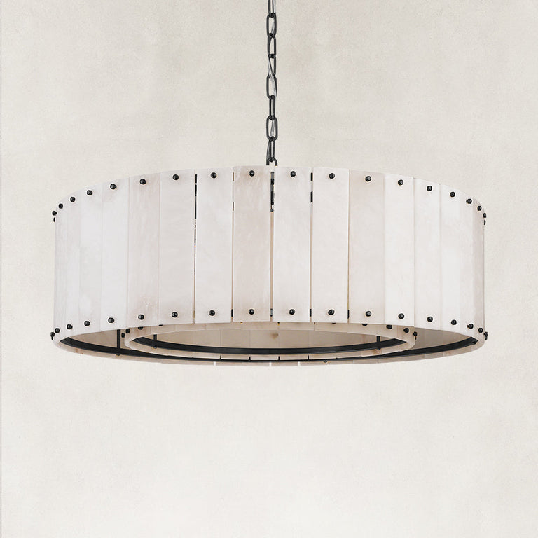 Single-tier panel chandelier, black complete fixture unlit.