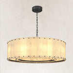 Single-tier panel chandelier, black lit fixture with full suspension.