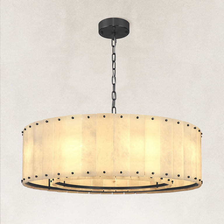 Single-tier panel chandelier, black lit fixture with full suspension.