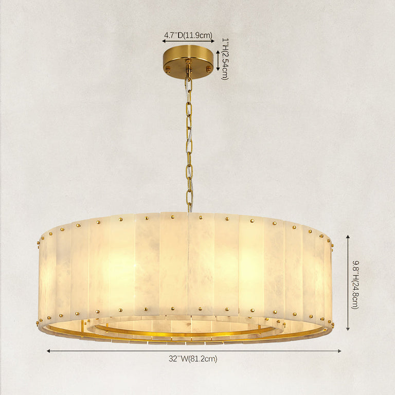 Single-tier panel chandelier, brass-tone 32-inch dimension diagram.