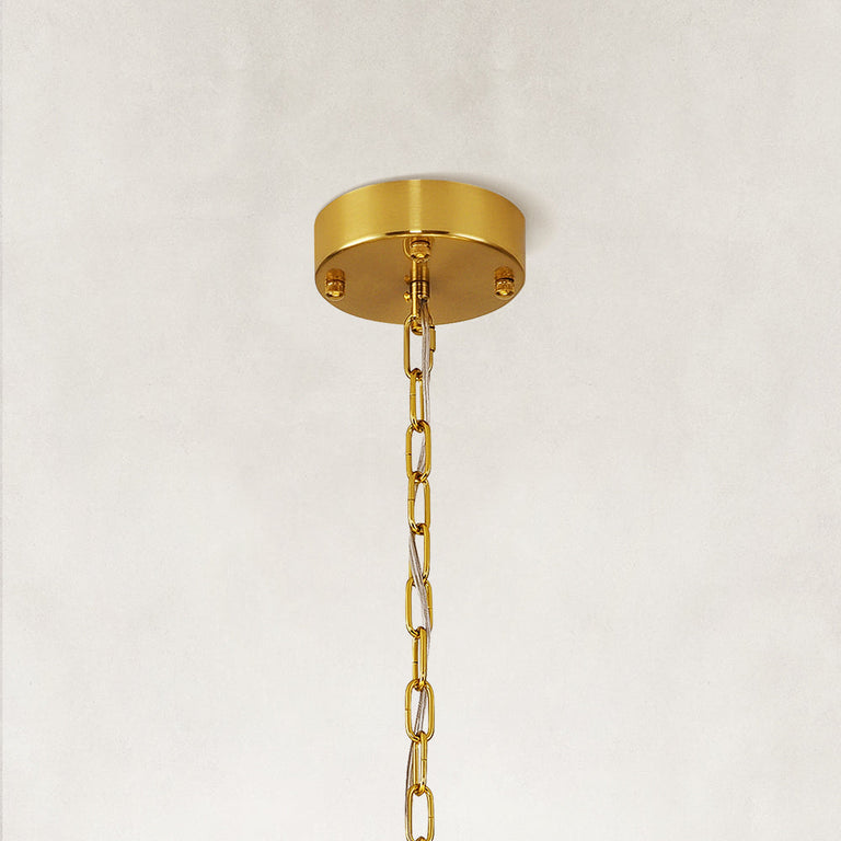 Single-tier panel chandelier, brass-tone canopy and chain.