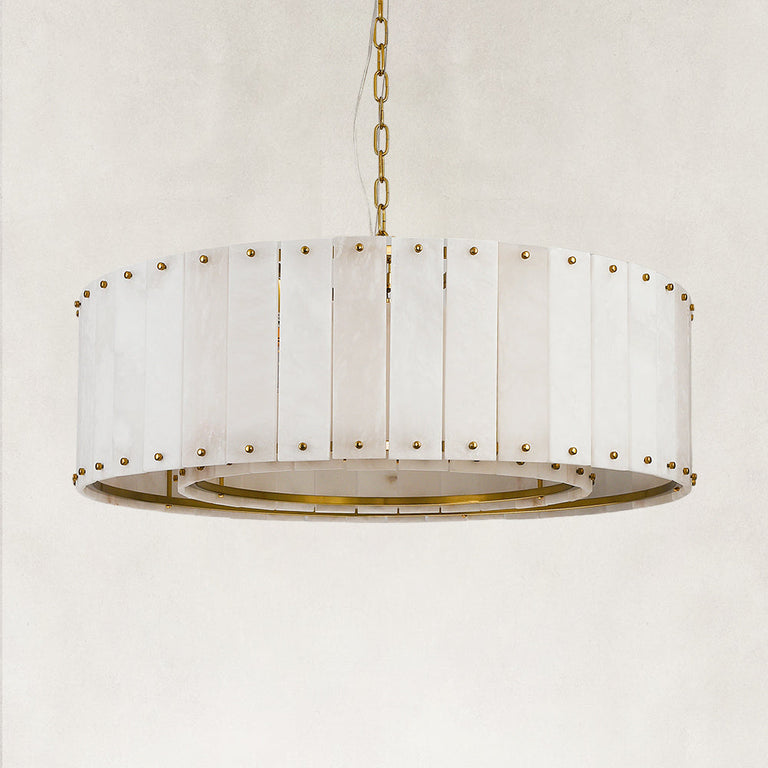 Single-tier panel chandelier, brass-tone complete fixture unlit.